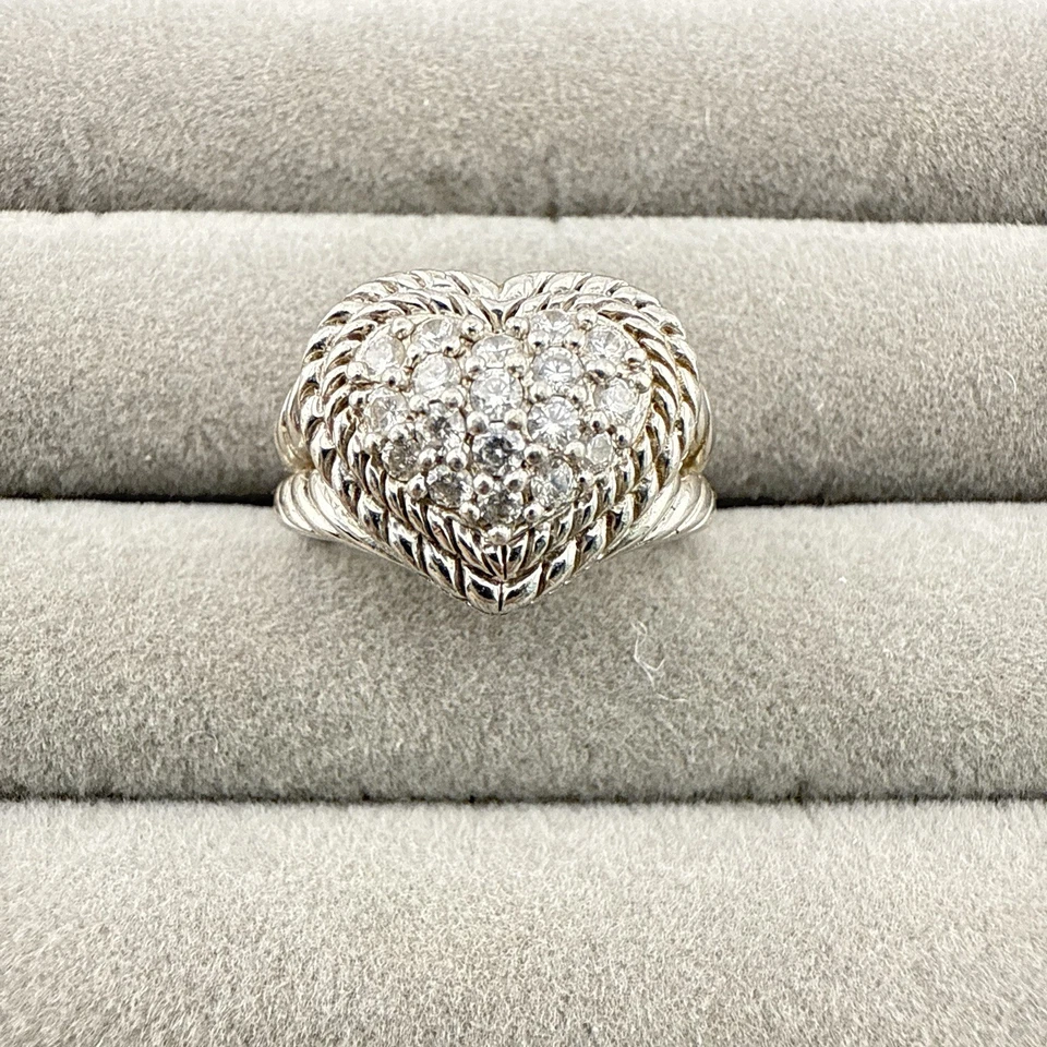 Judith Ripka Ring Sterling Silver CZ Heart Clear Pave Double Cable Size 6 Love - Image 2 of 4