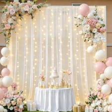 2 PCS 10x8 Ft Ivory Tulle Backdrop Curtains With Lights Strings Drapes