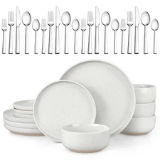 32PC Dinnerware Sets with Silverware for 4, Stoneware Plates and Bowls Dish S...