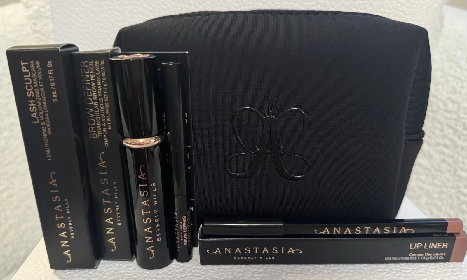 Anastasia Black Makeup Bag Set Mascara Brow Definer Lip Liner Travel Size Bundle