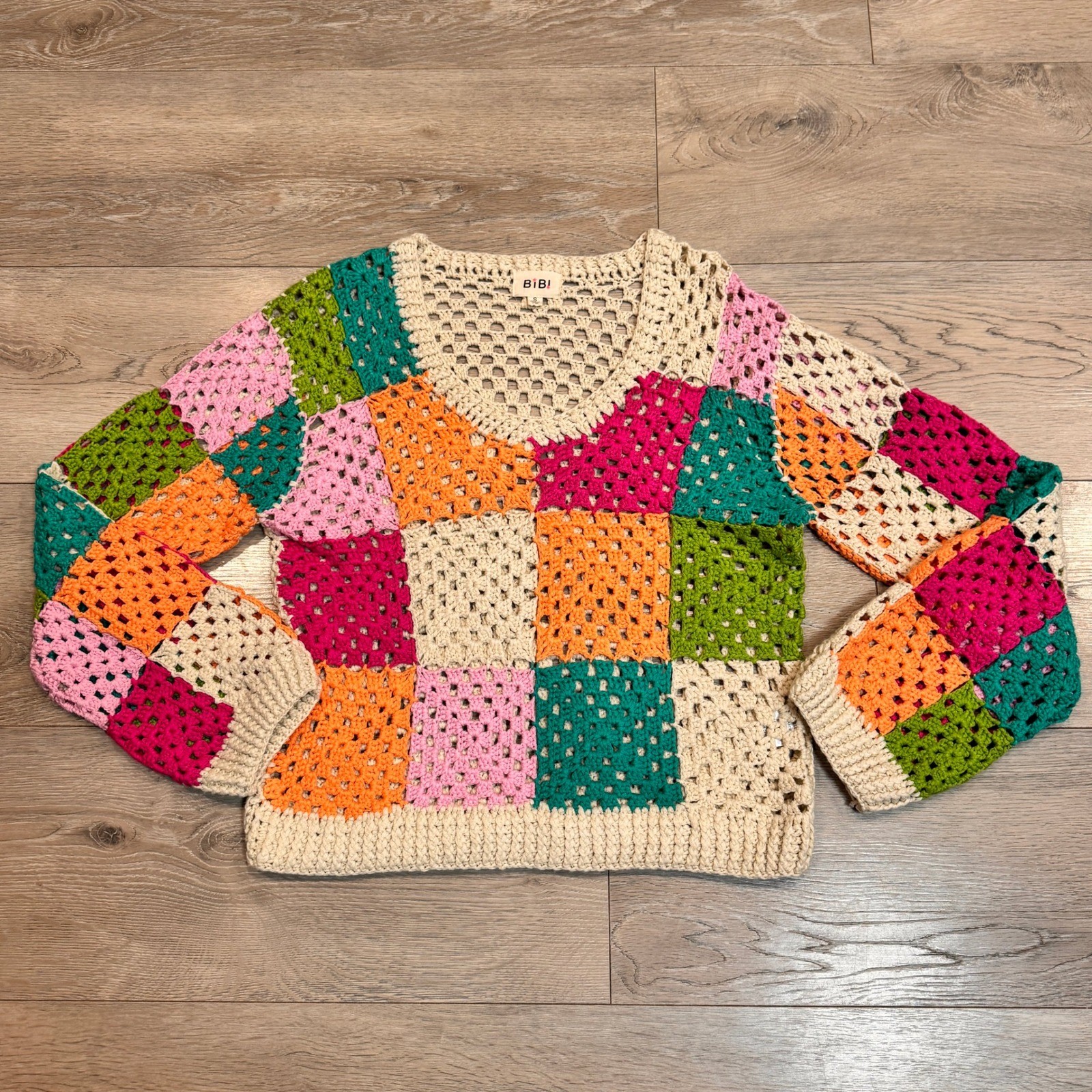 BiBi Crochet Patchwork Granny Square Sweater V-Ne… - image 1