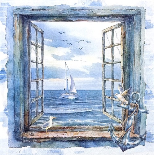 U229# 3 x Single Paper Napkins For Decoupage Seagull Anchor Window View Sea Ship
