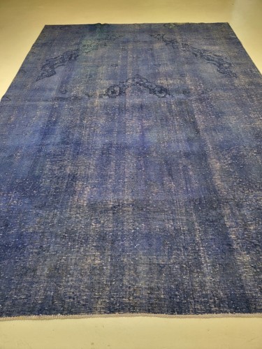 Antique Oriental Hand-Knotted Wool Area Rug Distressed Over Dye Blue 8'2" x 11'6