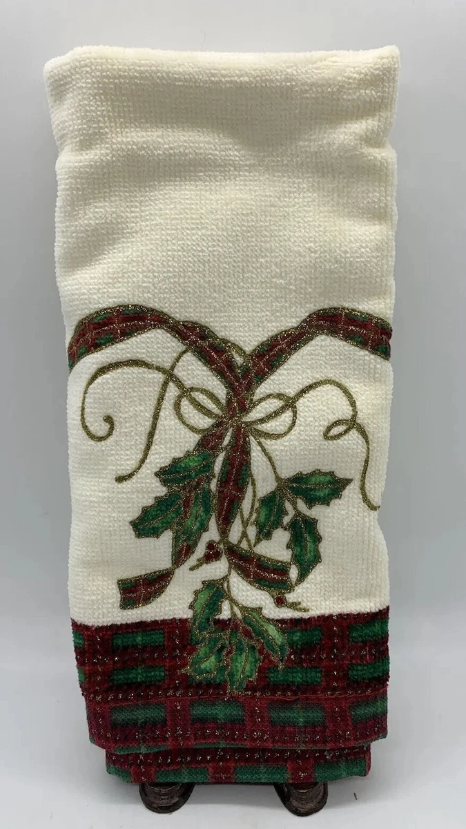 LENOX Holiday Fingertip Towel Cotton Christmas Gold Plaid New