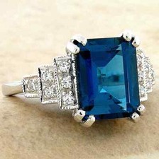 4CT Emerald London Blue Topaz Lab Created Engagement Ring 925 Sterling Silver