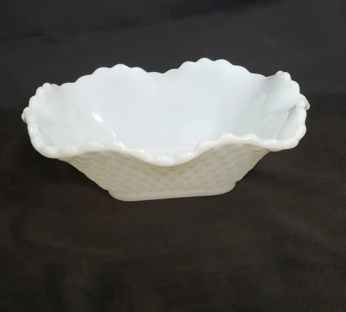 Milk Glass Bowl White Diamond Pattern Ruffled Edge Trinket Candy Coin Dish Vtg