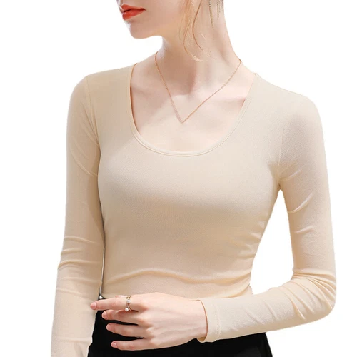 Damen-T-Shirt U-Ausschnitt Netz Langarm Stretch Basisschicht Oberteil schmale Passform Freizeit - Bild 6 von 20