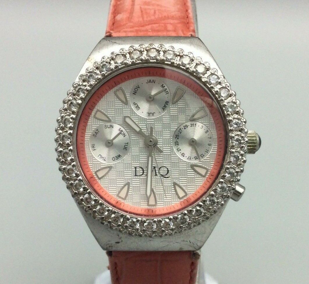 DMQ Watch Women Silver Tone Pink Pave Crystal Bezel Day Date Month New Battery 