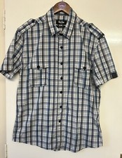 Gio-Goi Men?s Blue & White Mix Check Short Sleeve Shirt & Logo UK Size Large
