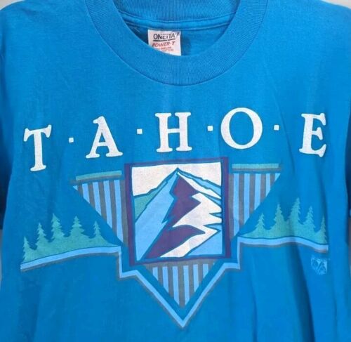 Vintg 1990 Oneita USA Made Tahoe Mountain Puff Print SINGLE STITCH Shirt Medium