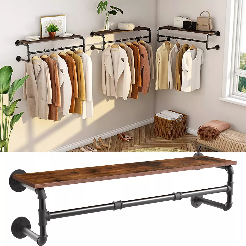 Industrial Pipe Clothes Rack with 3Extra Hooks 41''L Wall Mounted Floating  Shelf