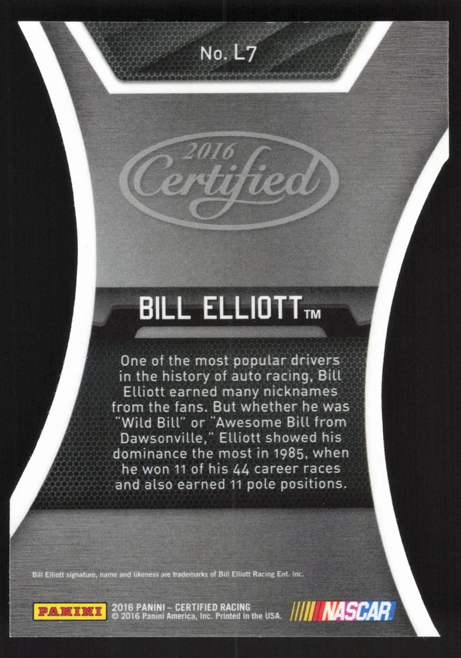 2016 Panini Certified #L7 Bill Elliott Legends Mirror Blue #/50 - Image 2 of 2