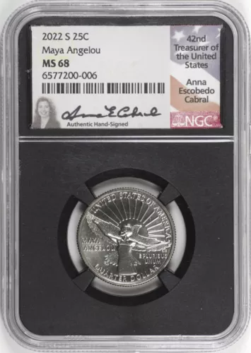 2022-S Maya Angelou Quarter 25c NGC MS68 Anna Cabral Signed Label [BN006]