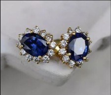 3Ct Oval Lab Created Sapphire Halo Diamond Stud Earrings 14K Yellow Gold Plated
