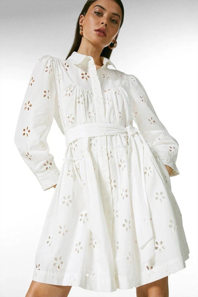 Karen Millen White Cotton Broderie Shirt Dress With Belt Sz 12 - Image 2 of 4