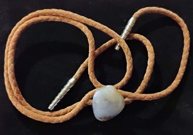 Bolo Tie W/Light Colored Quartz Stone, On Braided Leather, W/Metal Tips 17inch