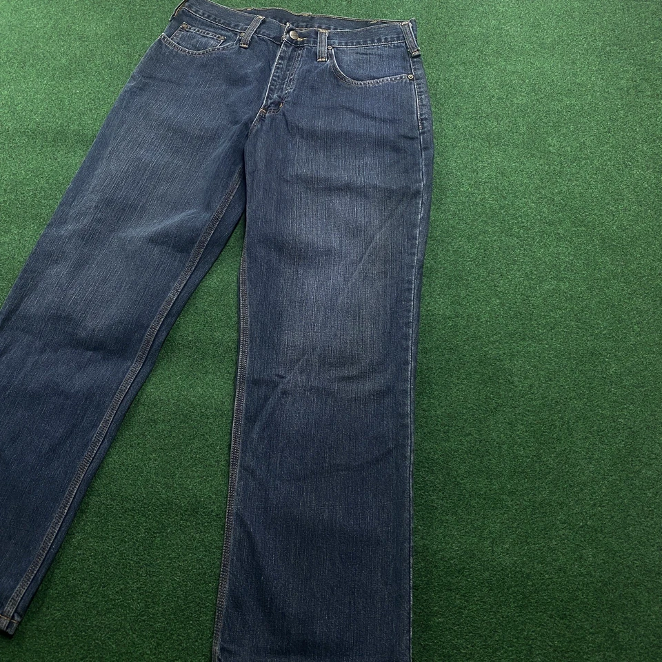 复古 Carhartt 裤子男式 33 蓝色牛仔休闲版型工作牛仔裤适合 32x30 — 第 2/4 张图片