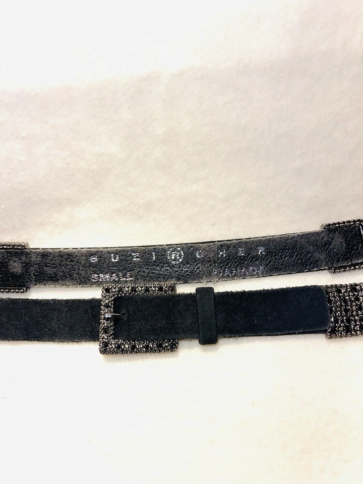 VINTAGE SUZI ROHER BLACK LEATHER HINGED CLEAR & BLACK RHINESTONE  BELT Sz S - Image 2 of 4