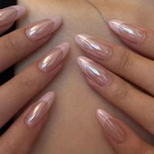 Nude Glazed French Press on Nails Medium Almond, Glazed Nude Nail Pink Tip Gl...