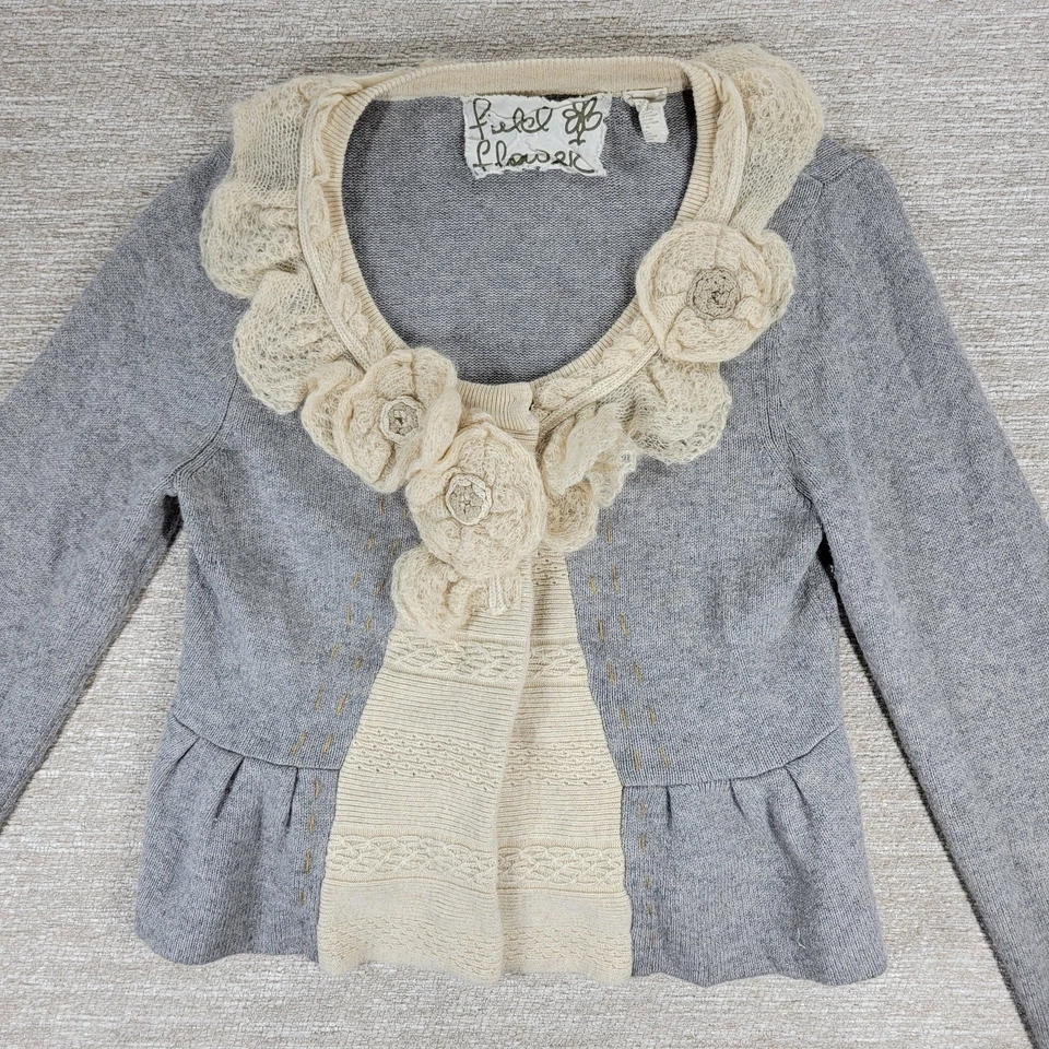 Cardigã Field Flower mistura de cashmere cinza creme floral colarinho suéter 11 - Imagem 3 de 4