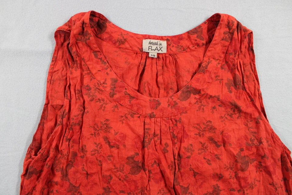 Vestido sin mangas de lino para mujer 1G rojo floral sin mangas lino bolsillos boho Foto 2 de 4