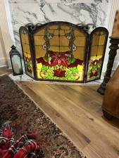 Fireplace Screen 42"  Victorian Floral Tiffany Style Stained Glass 3-Panel