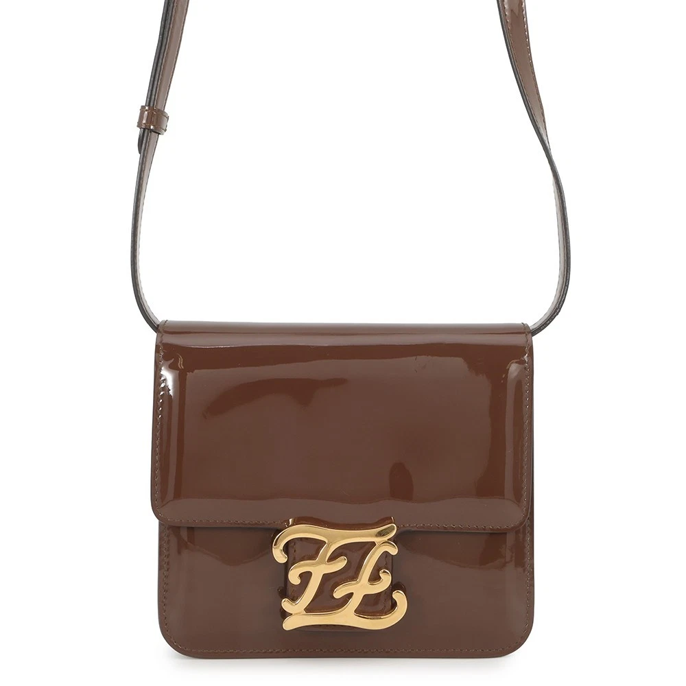 Fendi — FENDI Calligraphy Shoulder Bag Patent Leather Brown 8BT317 A5AU