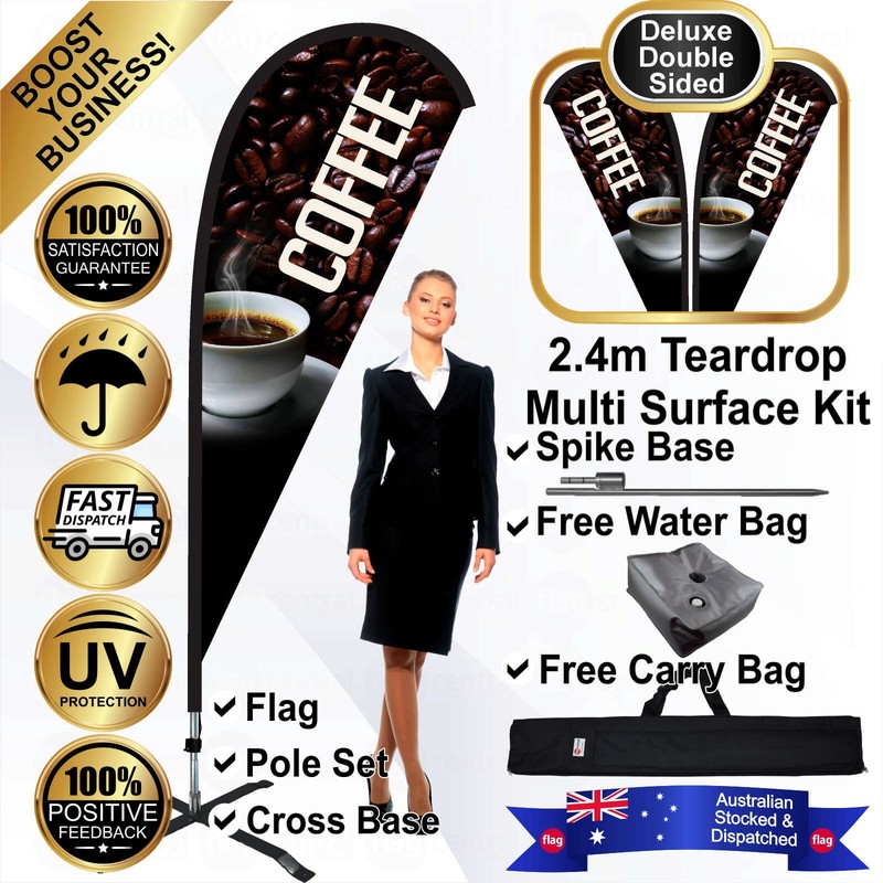 K - COFFEE Deluxe Double-Sided Brown 2.4m Teardrop Flag / Banner Kit with Pole Set, Galvanised Steel Ground Spike, Steel Outdoor Cross Base, Free 15kg Water Bag and a Free Carry Bag - 1