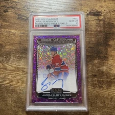 2022-23 Juraj Slafkovsky /99 Violet Pixels Auto Platinum PSA 10 #RSL Rookie OPC