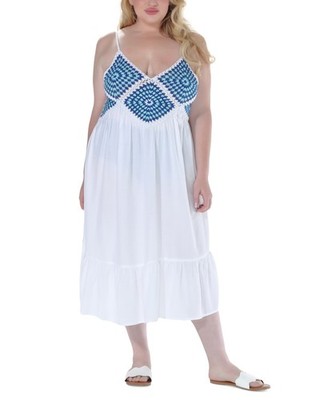 NWT Raviya Plus Size Crochet Flounce Hem Cover Up Dress White Blue 2X pmy2226a