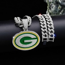 Green Bay Packers Fan Chain Iced out Team Necklace Gold diamond bling Silver