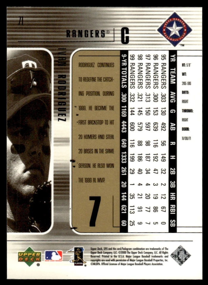 2000 SPx Ivan Rodriguez Texas Rangers #71 - Image 2 of 2