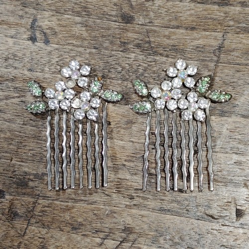 TWO Estate Art Deco Style Bridal Hair Rhinestone Side Comb Hair Clip Floral READ