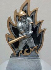 baseball resin award trophy w/ engraving, 5.5" high, flame behind batter, New