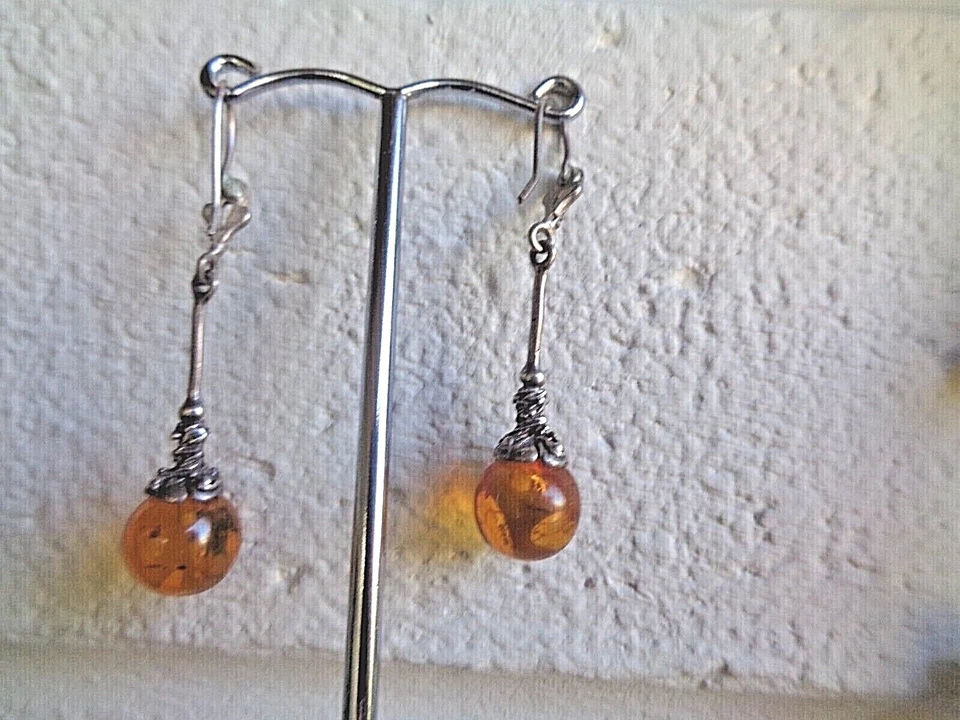 Attraente Argento Sterling E Ambra Orecchini Pendenti Moderni Stile - Ami - Immagine 4 di 4