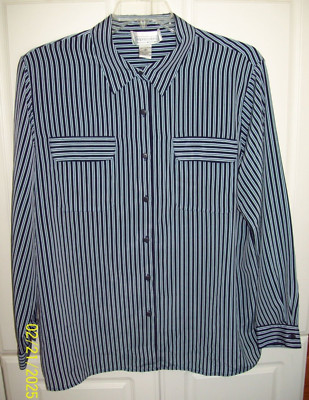 Impressions Navy Striped Womens SZ 2X Button Front Blouse Long Sleeve POCKETS