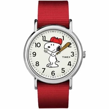 Timex TW2R41400, Peanuts-Snoopy Weekender Red Slip Thru Fabric Watch, NEW