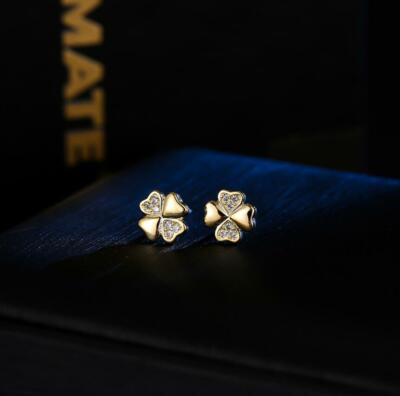 Gold Flower Lucky Clover Pave Cubic Zirconia Gold Stud Earring