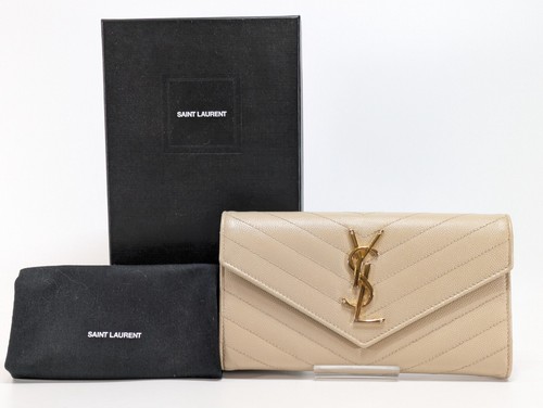 Saint Laurent Long Wallet Purse YSL Leather V stitch beige Gold