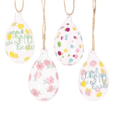 Blumen Frohe Ostern Glas Ei Hängedeko mit Bindfaden 4er Set