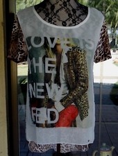 New Leopard Print Short Sleeve Sheer Longer Back Shirt Sz. M 38" Bust