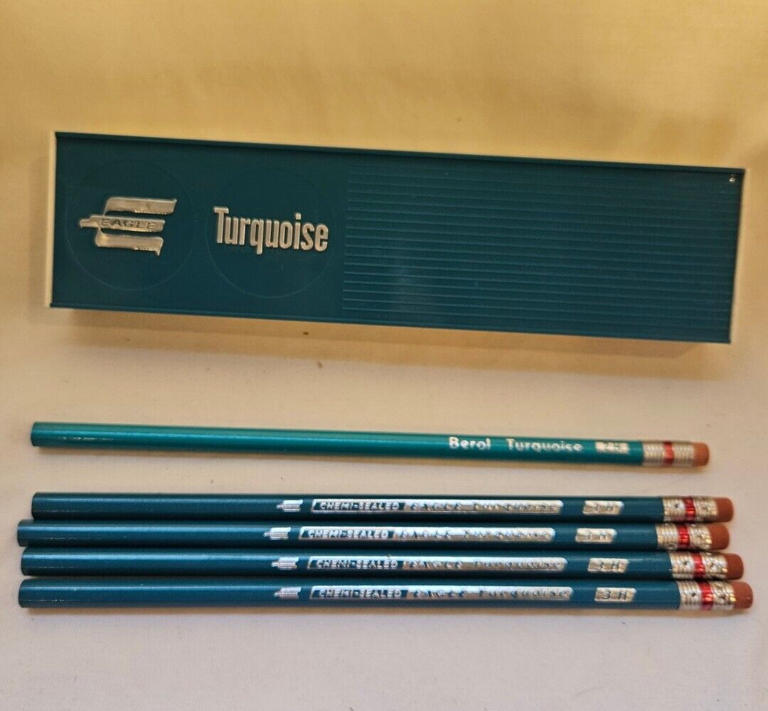 Vintage Eagle Turquoise Pencils in Plastic Case 4 Eagle 1 Berol Vintage Eagle Turquoise Pencils in Plastic Case 4 Eagle 1 Berol