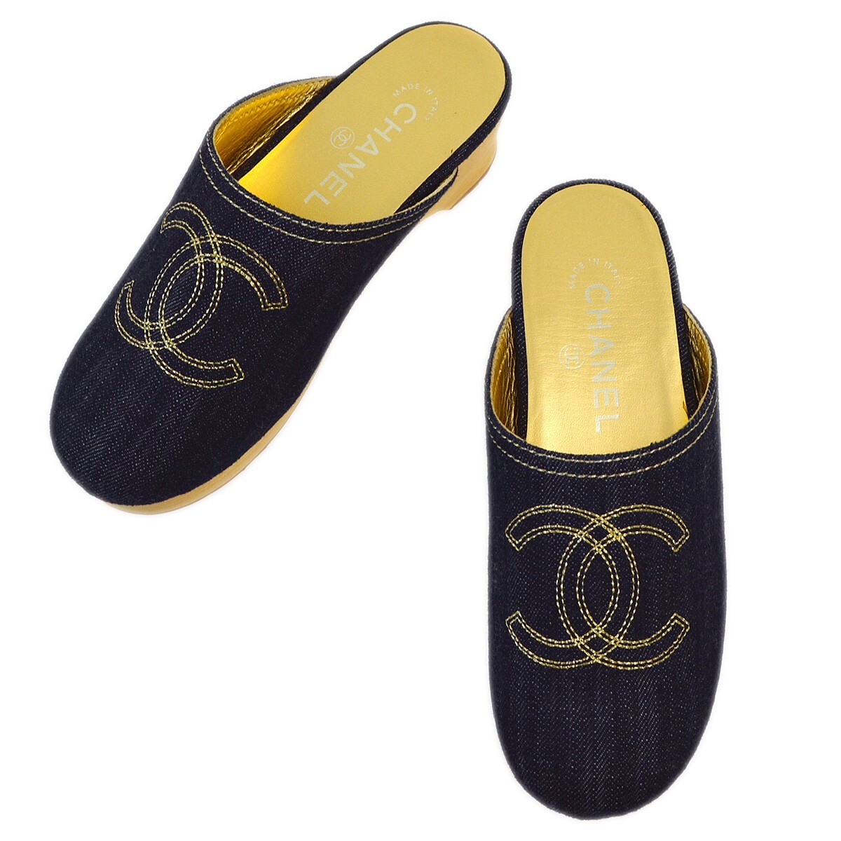CHANEL ネイビー デニム ミュール Chanel Navy Denim Sabot Shoes Sandals #35 182929 | eBay