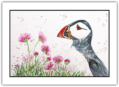 Papageientaucher Vogel Sparsamkeit - Aquarelldruck Grußkarte Geburtstag / Notizblatt / Blanko