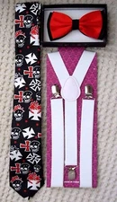 Black Red 2 Tone Adjustable Bow Tie,Neck Tie & WHITE Adjustable Suspenders Combo