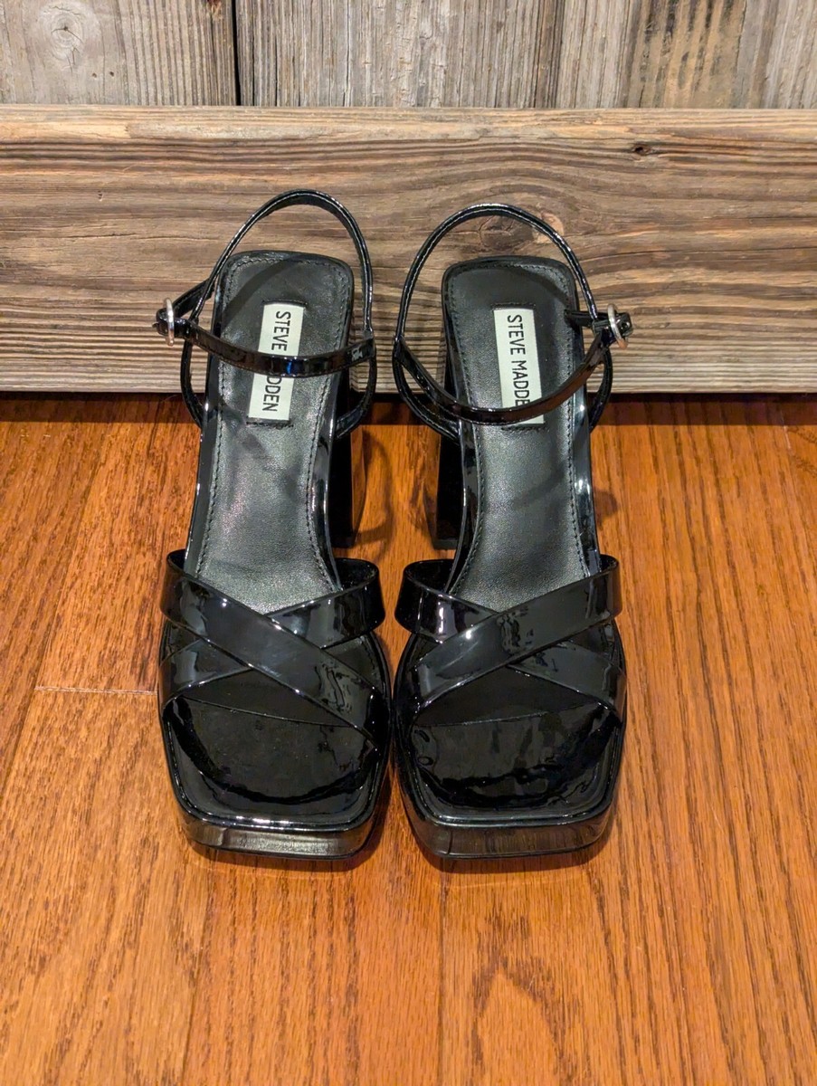 Steve Madden::サンダル:9.5M[RESALE] Steve Madden Crazy Black Patent Block Heel Platform Criss