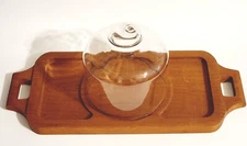 Teak Wood Cheese Charcuterie Tray Glass Dome Lid  1970’s GoodWood Thailand
