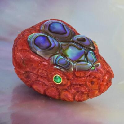 Snake Head Bead Carved Natural Red Sponge Coral, Abalone & Emerald Eyes 7.06g