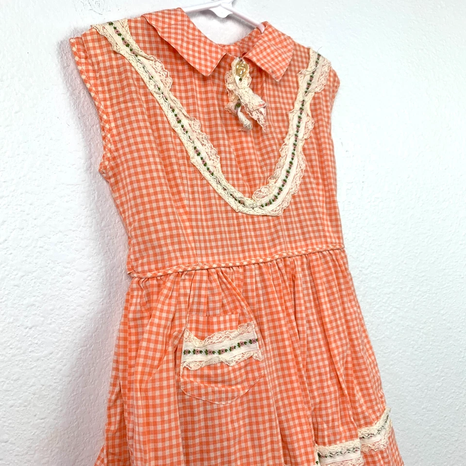 Винтажный 50-х 60-х годов ручной работы оранжевый белый имбирь девочек ясельного возраста платье груди 24" - Изображение 2 из 3