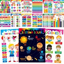 15 Packs Spanish  English Educational Posters, Thick Elementary Bilingual Po...